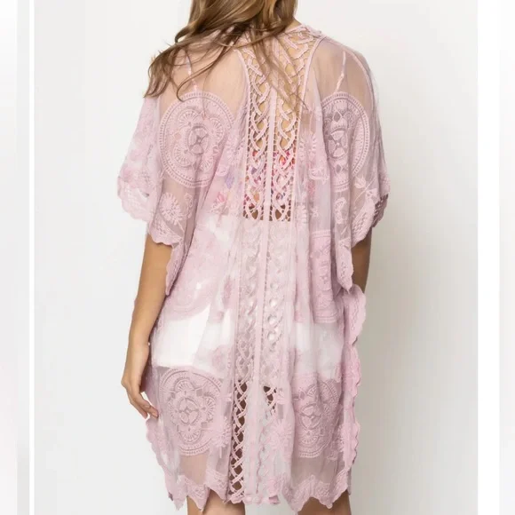 33. Women’s Lace Kimono Blue Tie Front Long Swim Cover Loungewear - Picture 2 of 3